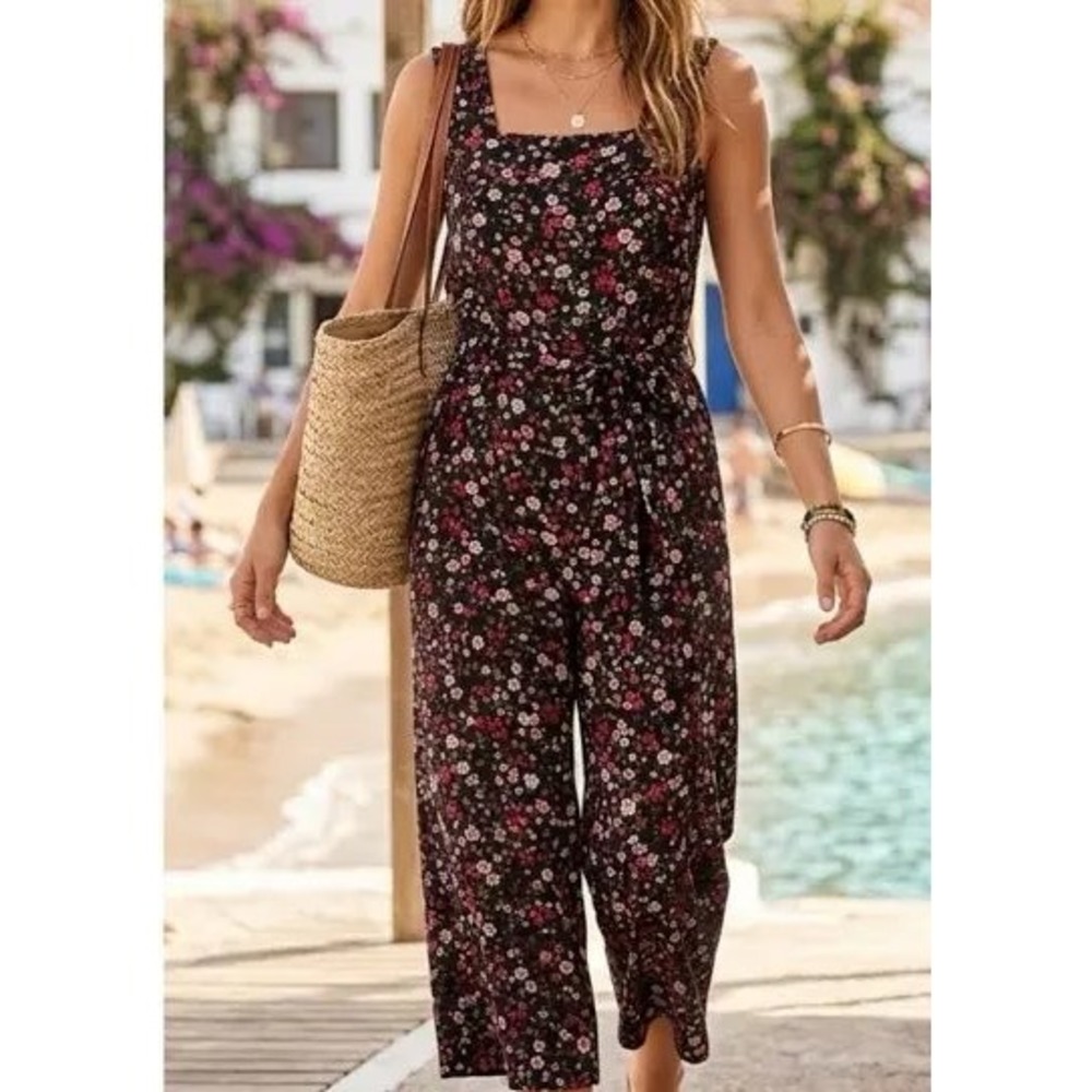 Kate Spade Floral Wide Leg Cropped Jumpsuit Black Multi NJMU8095 Size 8